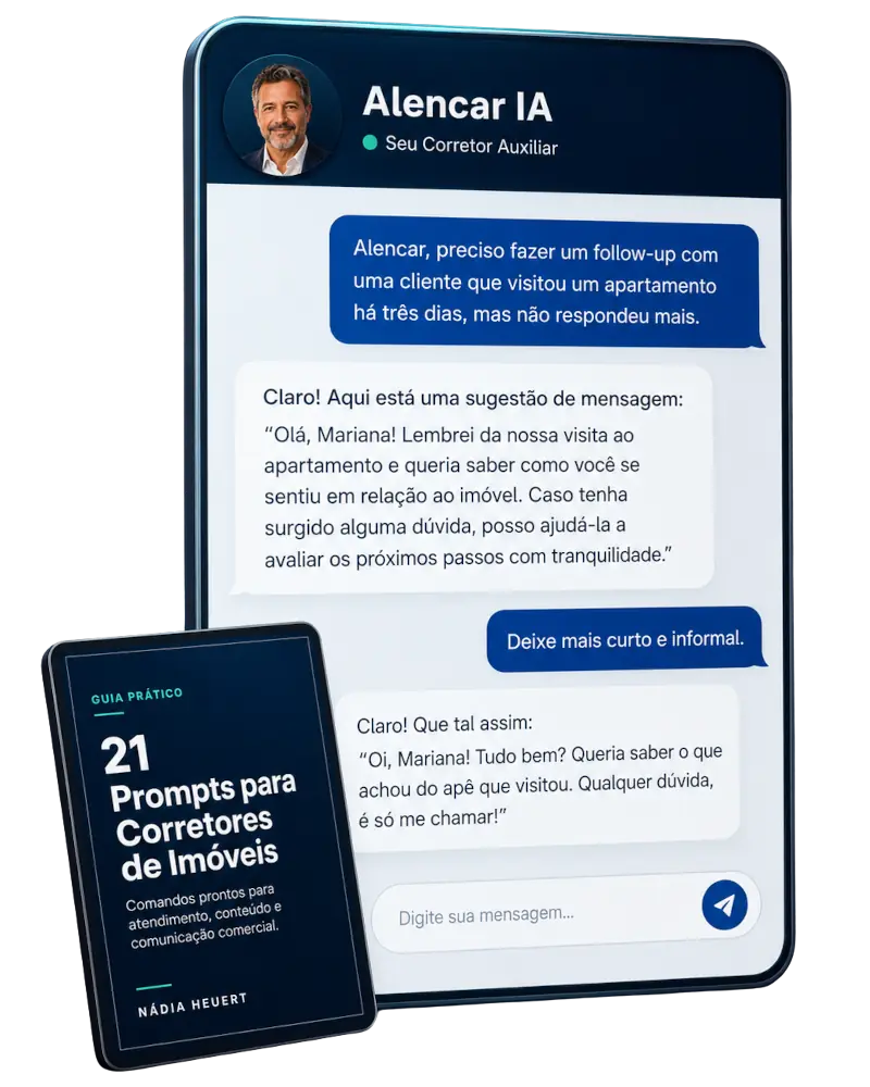 Interface do Alencar IA acompanhada do eBook 21 Prompts para Corretores de Imóveis